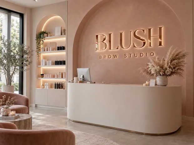 Illustrative custom metal sign concept: Blush Brow Studio Reception