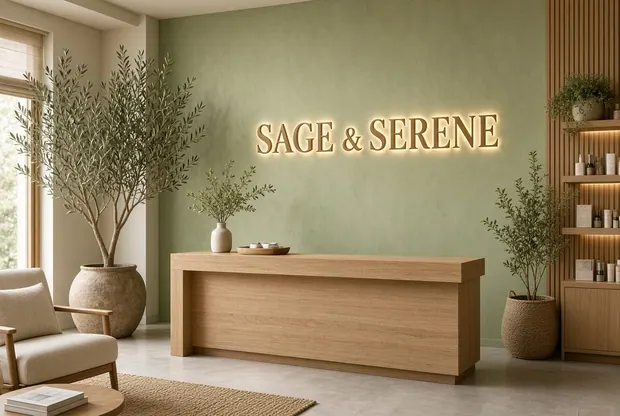 Illustrative custom metal sign concept: Sage & Serene Wellness Reception