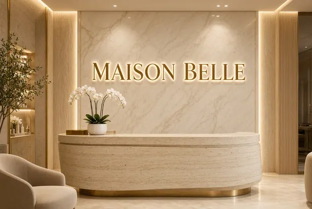 Illustrative custom metal sign concept: Maison Belle Salon Reception
