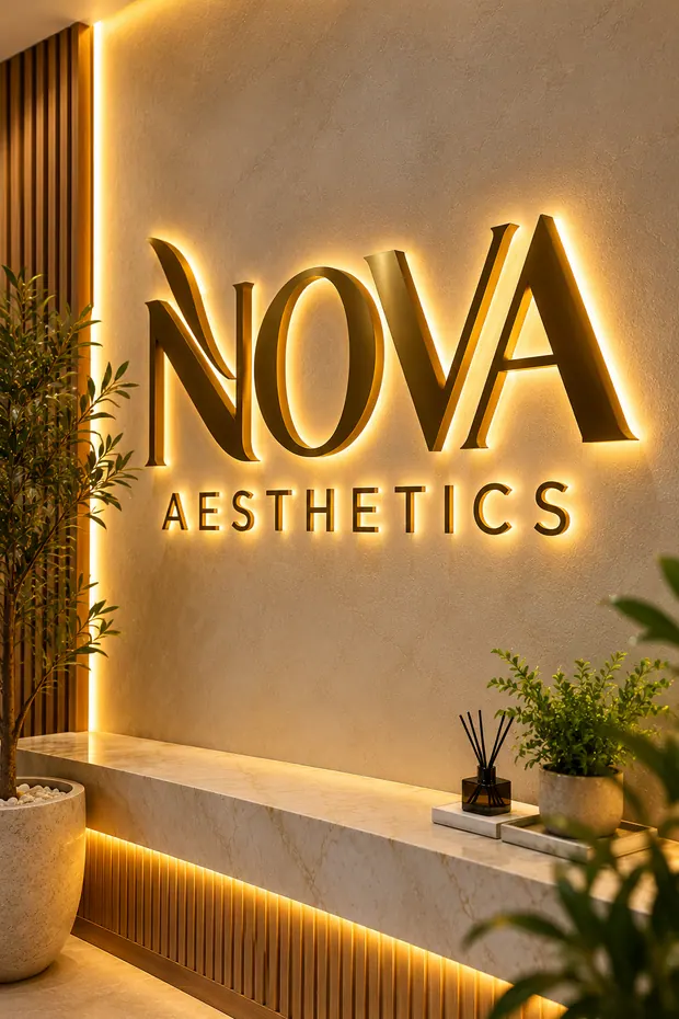 Illustrative custom metal sign concept: NOVA Aesthetics Luxury Signage