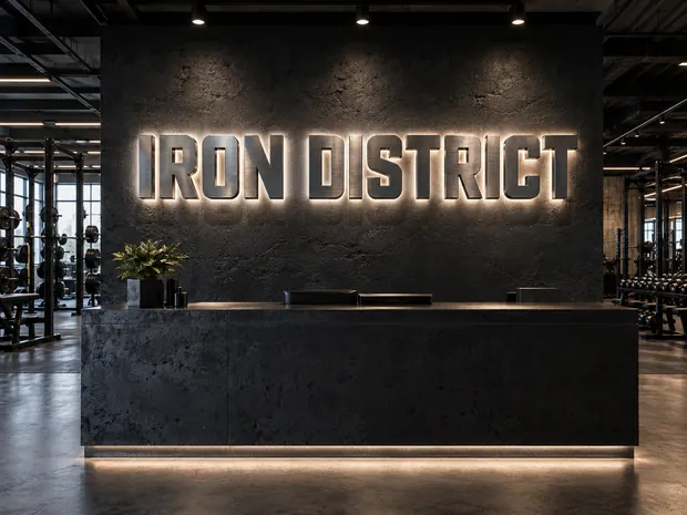 Illustrative custom metal sign concept: Iron District Gym Reception