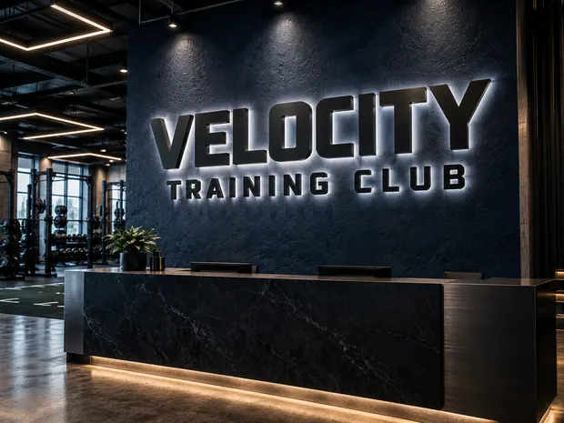 Illustrative custom metal sign concept: Velocity Training Club Reception
