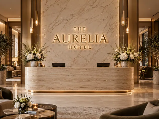 Illustrative custom metal sign concept: The Aurelia Hotel Lobby