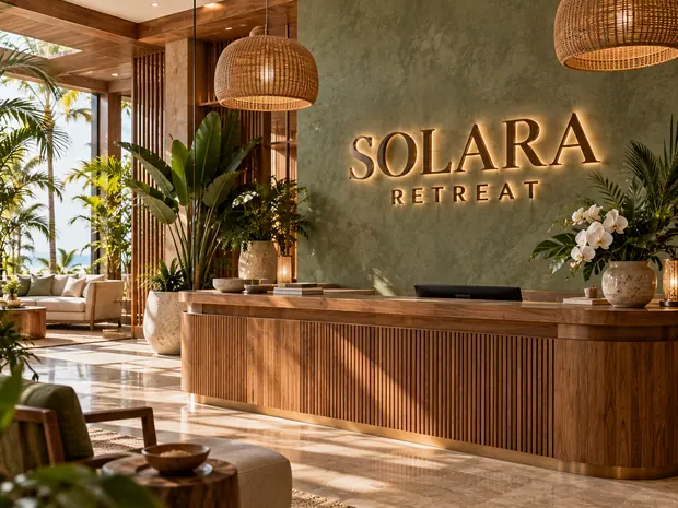 Illustrative custom metal sign concept: Solara Retreat Reception