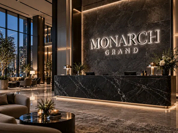 Illustrative custom metal sign concept: Monarch Grand Hotel Lobby
