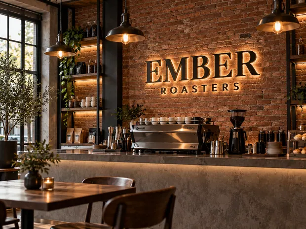 Illustrative custom metal sign concept: Ember Roasters Café Interior