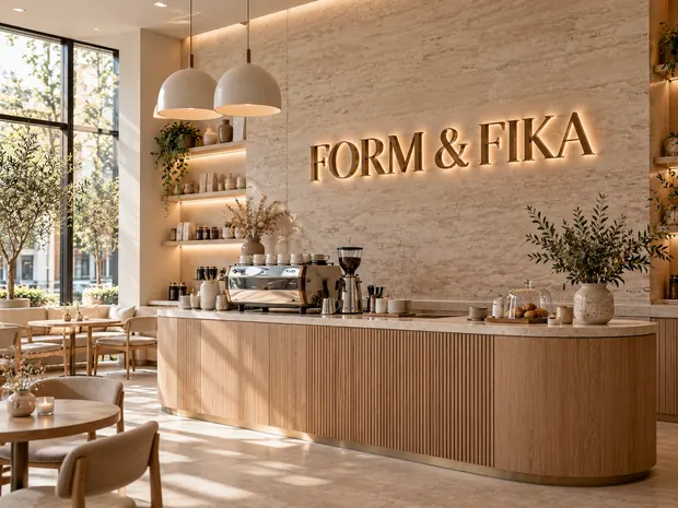 Illustrative custom metal sign concept: Warm Scandinavian Caf? with Form & Fika Sign