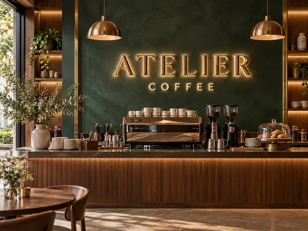Illustrative custom metal sign concept: Atelier Coffee Illuminated Wall Sign