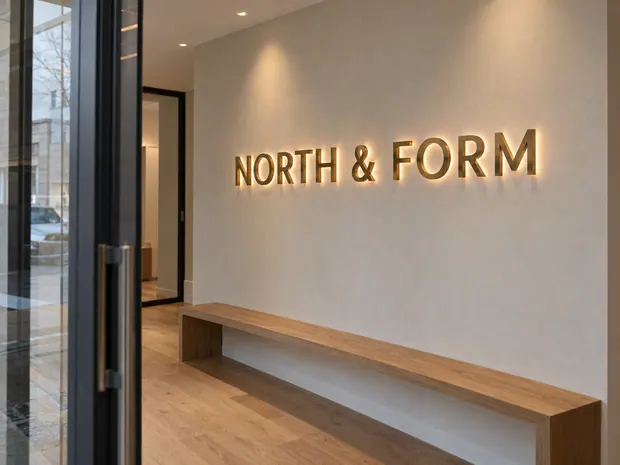 Illustrative custom metal sign concept: North & Form Modern Lobby