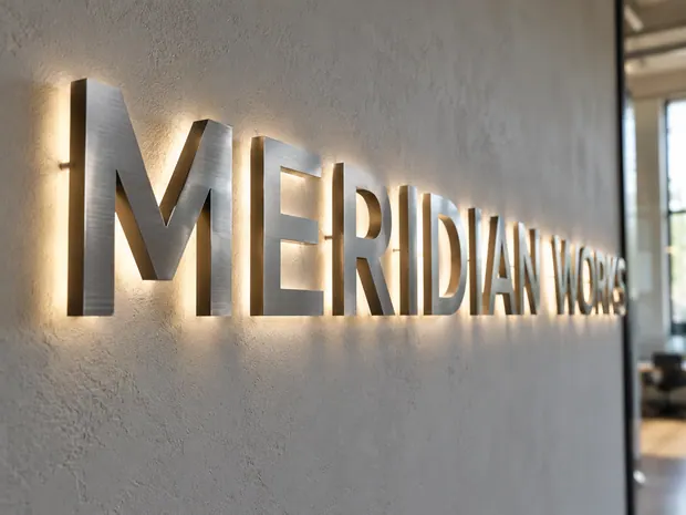 Illustrative custom metal sign concept: Meridian Works Illuminated Signage