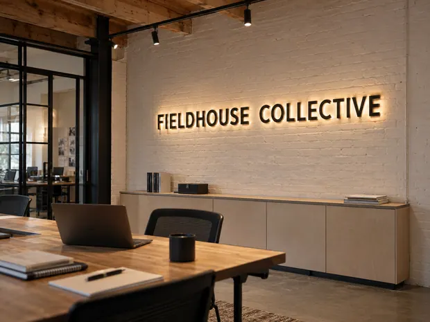 Illustrative custom metal sign concept: Warm Industrial Creative Studio