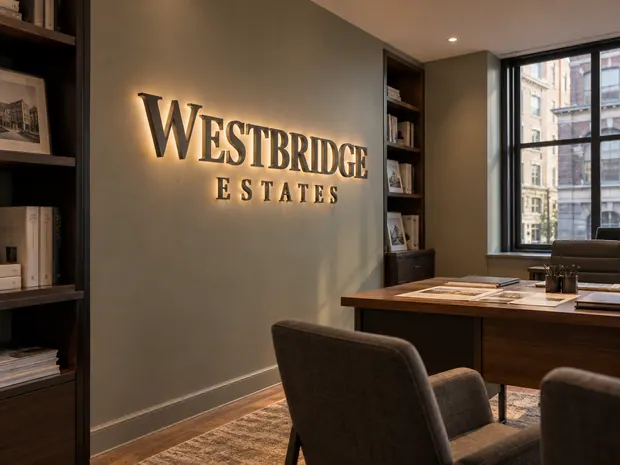 Illustrative custom metal sign concept: Warmly Lit Westbridge Estates Office
