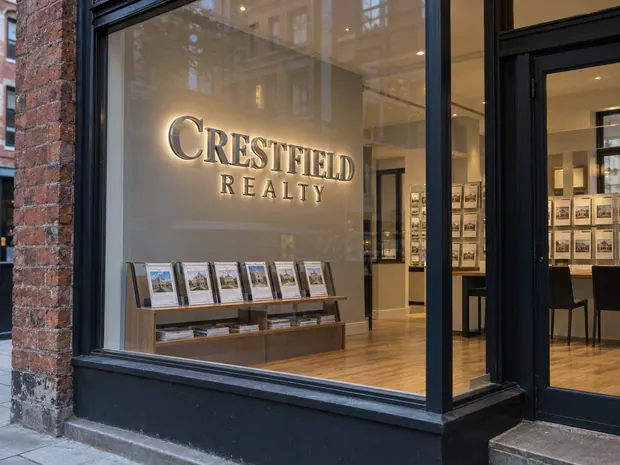 Illustrative custom metal sign concept: Crestfield Realty Storefront Display