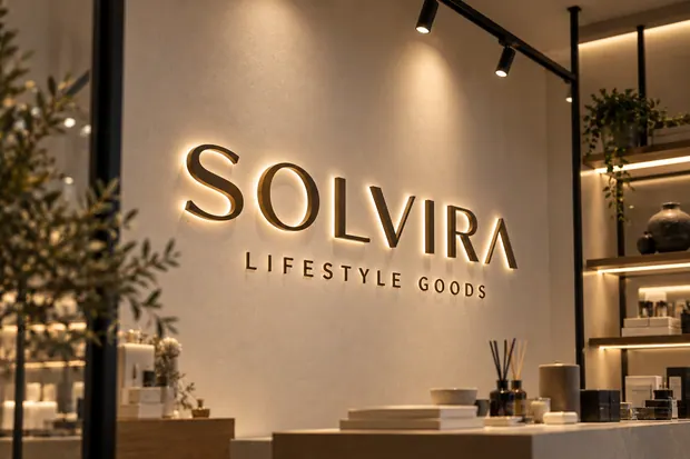 Illustrative custom metal sign concept: Solvira Lifestyle Goods Boutique