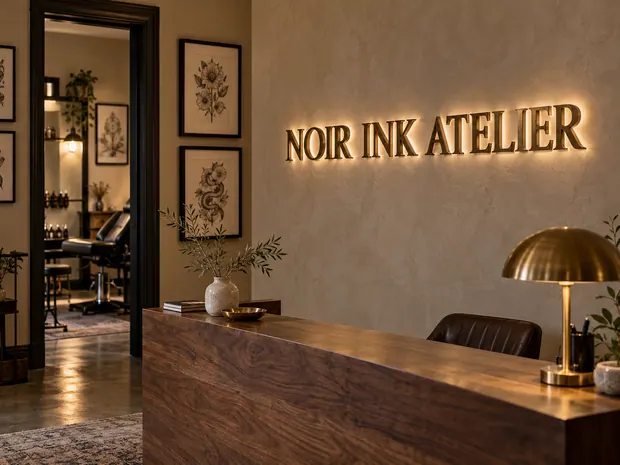 Illustrative custom metal sign concept: Noir Ink Atelier Reception