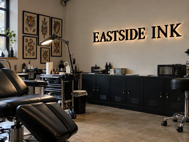Illustrative custom metal sign concept: Eastside Ink Tattoo Studio