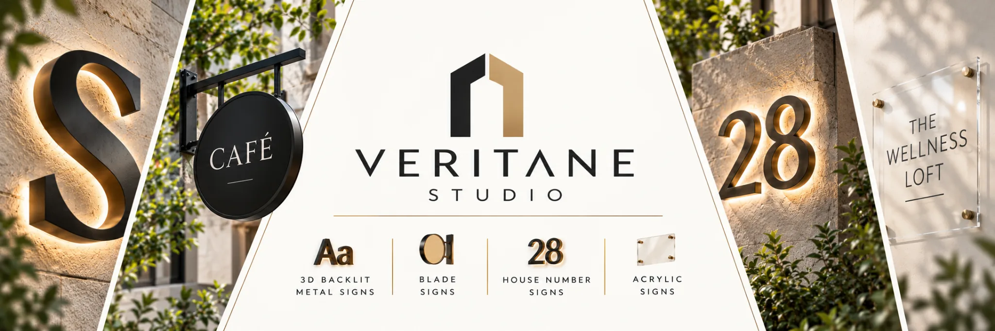 VeritaneStudio concept banner featuring backlit metal letters, blade signs, house numbers and acrylic signage